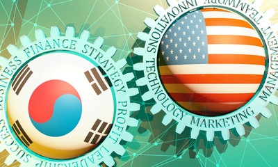 Business relative words on the mechanism of gears. Communication concept in industrial design. Connected lines with dots background. USA and South Korea business cooperation. 3D rendering