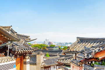 Obraz premium Wonderful view of black tile roofs of traditional Korean houses