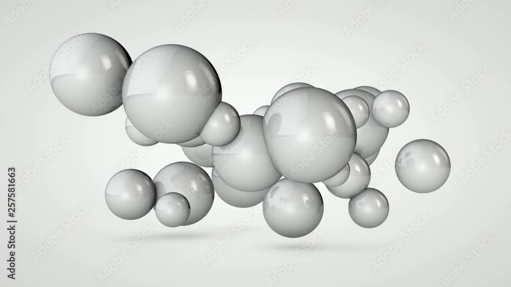 Poster 3d animation of a white ball that splits into many small spheres in space.