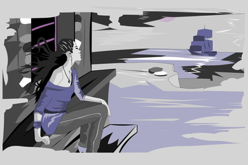 The girl is waiting for the ship