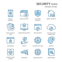 Security flat line icon set. Vector illustration. Editable stroke.