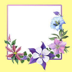 Gentian and  Garden flowers for  greeting card and invitation on yellow background