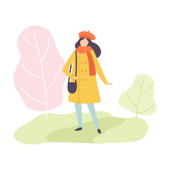 Young Woman Wearing Warm Clothes Walking in Spring Park Vector Illustration