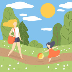 Obraz na płótnie Canvas Mother and Her Daughter Walking in Park, Young Woman And Girl on Summer Season Background Vector Illustration
