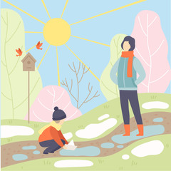 Father and His Son Walking in Spring Park, Season Change From Winter to Spring Vector Illustration