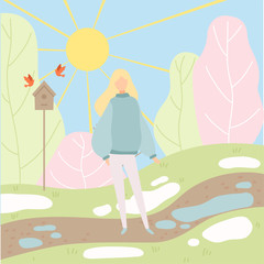 Young Woman Walking in Spring Park, Season Change From Winter to Spring Vector Illustration