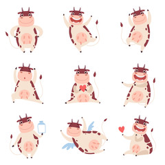 Cute Funny Cow Characters Set, Cheerful Farm Animal in Different Poses Vector Illustration