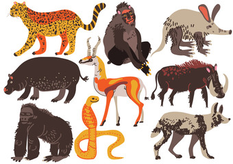 African Animals Set, Hippopotamus, Cheetah, Monkey, Antelope, Gorilla, Ssnake, Warthog, Aaardvark, Hyena Vector Illustration