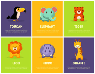 Cute African Animals Banners Set, Toucan, Elephant, Tiger, Lion, Giraffe, Hippo Vector Illustration