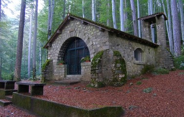 Fototapeta na wymiar Chapel Our Lady in the forest, Vizzavona, Corsica