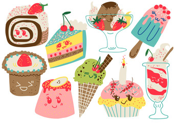 Delicious Desserts Set, Confectionery and Sweets, Cake, Popsicle, Cupcake Vector Illustration