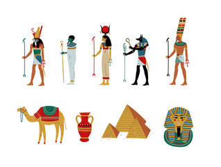 Ancient Egypt Cultural Symbols Set, Gods and Goddess Vector Illustration