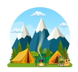 Summer camp. Landscape with yellow tent, campfire, forest and mountains on the background. Adventures in nature, vacation, and tourism vector illustration.