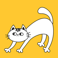 Frightened cat arch back. Scared kitten. Doodle linear sketch. Black contour silhouette. Cute funny cartoon kawaii character. Happy Halloween. Sticker print. Yellow background. Flat design.