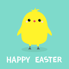 Chicken bird. Happy Easter. Cute cartoon funny kawaii baby character. Flat design. Greeting card. Yellow color. Green background.