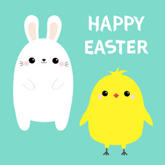 Happy Easter chicken bird, bunny set. White rabbit baby chick head face. Egg shape. Cute cartoon kawaii funny character. Farm animal. Green background. Flat design