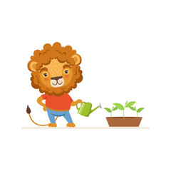 Cute Lion Gardener Character Watering Plant with Watering Can Vector Illustration
