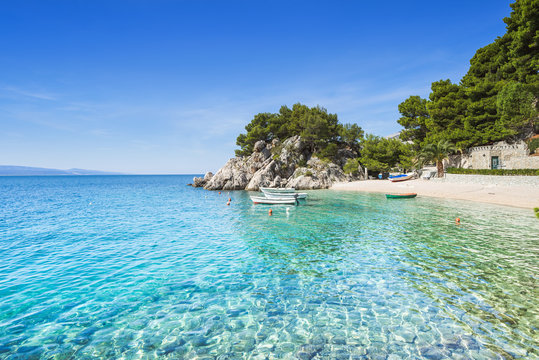 Beautiful beach near Brela town, Dalmatia, Croatia. Makarska riviera, famous landmark and travel touristic destination in Europe
