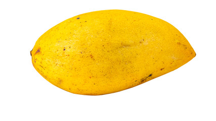 Ripe fresh natural yellow mango fruit macro isolated on white background
