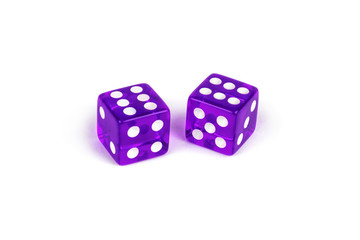 Two purple glass dice isolated on white background. Six and six