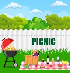 barbecue grill and Picnic basket filled with food. Picnic time design. vector illustration in flat style