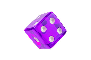 Pink glass dice closeup isolated on white without shadow.