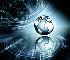 Best Internet Concept of global business. Globe, glowing lines on technological background. Electronics, Wi-Fi, rays, symbols Internet, television, mobile and satellite communications