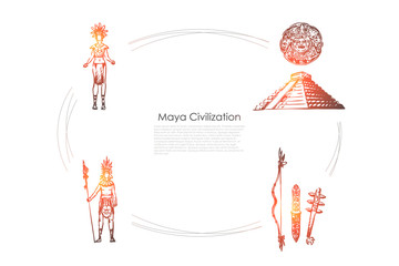 Maya civilization - Maya people, tools and pyramid vector concept set