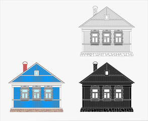 Russian traditional wooden house. The windows are decorated with wooden carved frames. Vector illustration.Black, black and white ,  color silhouette.