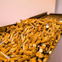Shiny golden bullets inside a metal container