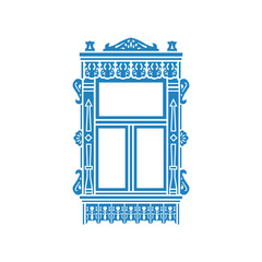 Detail of Russian traditional wooden house. Carved window platband. Vector illustration. Colored silhouette.