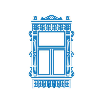 Detail of Russian traditional wooden house. Carved window platband. Vector illustration. Colored silhouette.