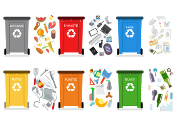 Recycling garbage can trash container separation isolated junk flat design isolated icon vector illustration