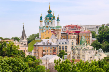 Top view of Saint Andrew's church and Andriivska street from above, Kiev (Kyiv), Ukraine.