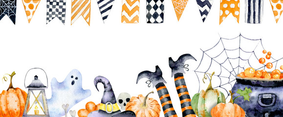 Flyer for halloween with watercolor images of holiday attributes