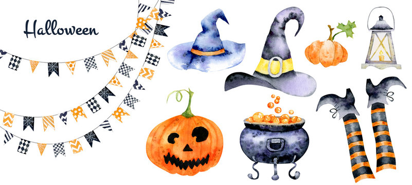 Set for halloween with watercolor images of holiday attributes