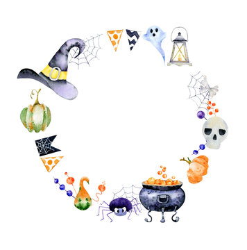 Circle coposition for greeting card and invitation of halloween with watercolor images of holiday attributes