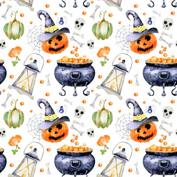 Seamless pattern for halloween with watercolor images of holiday attributes on white background