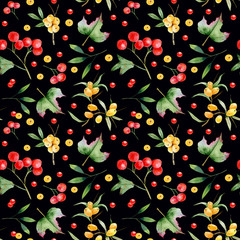 Seamless pattern of branch e berries of viburnum, buckthorn 