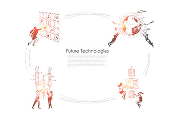 Future technologies - people pushing buttons, looking at screens and exploring technologies of future vector concept set