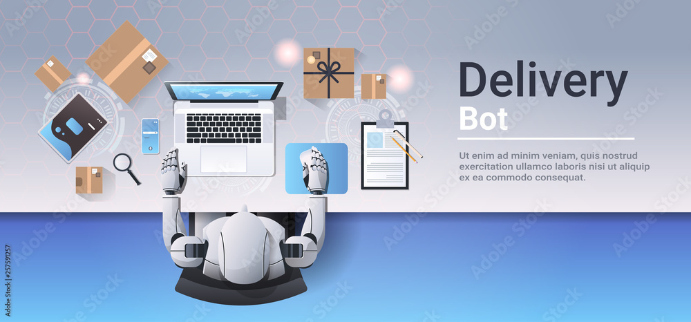 Poster robot working at laptop online shopping express shipping delivery bot service concept top angle view