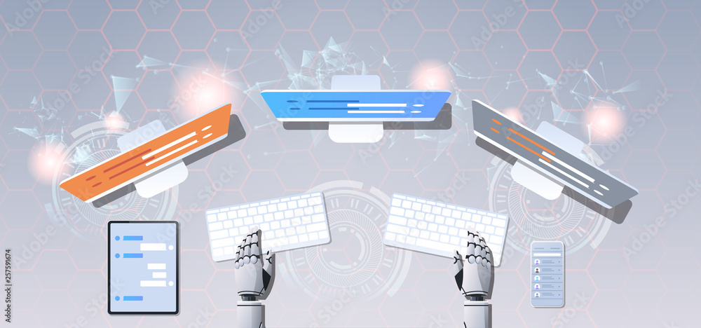 Poster support chat bot robot hands using computer and mobile application virtual assistance online communi