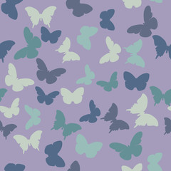 Vector seamless pattern with random violet, pink, creamy, grey,  blue, green butterflies on lilac background. Vintage elegant child baby design for wrapping, textile, fabric, invitation, greeting