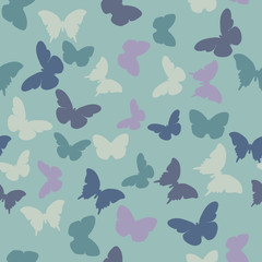 Vector seamless pattern with random violet,  creamy, grey,  blue, green butterflies on lilac background. Vintage elegant child baby design for wrapping, textile, fabric, invitation, greeting, websites