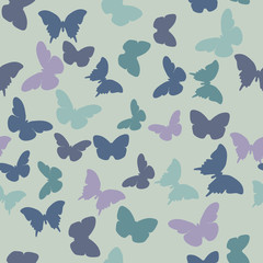 Vector seamless pattern with random violet,  creamy, grey,  blue, green butterflies on lilac background. Vintage elegant child baby design for wrapping, textile, fabric, invitation, greeting, websites