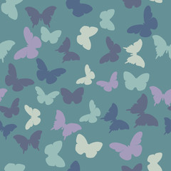 Vector seamless pattern with random violet,  creamy, grey,  blue, green butterflies on green background. Vintage elegant child baby design for wrapping, textile, fabric, invitation, greeting, websites