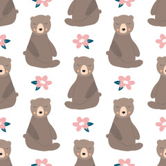 Cute bear seamless vector background with floral elements. Sketch for wrapping paper.