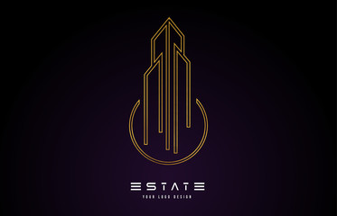 Gold Real Estate Modern Monogram Logo Design. Real Estate Lines Abstract Buildings Icon.