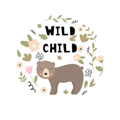 Vector illustration with bear, flowers, leaves and branches.  Design for  cards, posters, cards, t-shirts, book, textile.