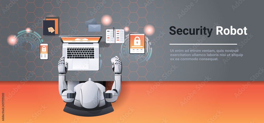 Poster humanoid using digital devices cyber security network privacy data protection concept robot at workp